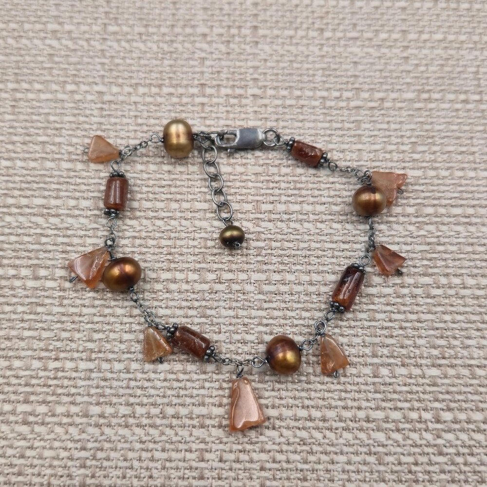 7+1 Inch Sterling Silver Orange Agate And Pearl Tarnished Bracelet A7303